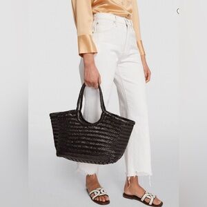 Dark Brown Italian Genuine Leather Woven Weaved Nantucket Tote Bag BNWT LA VIA